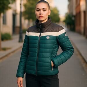 Posh Design Women’s Colorblock Puffer Jacket – Green, Black Zip size L  new